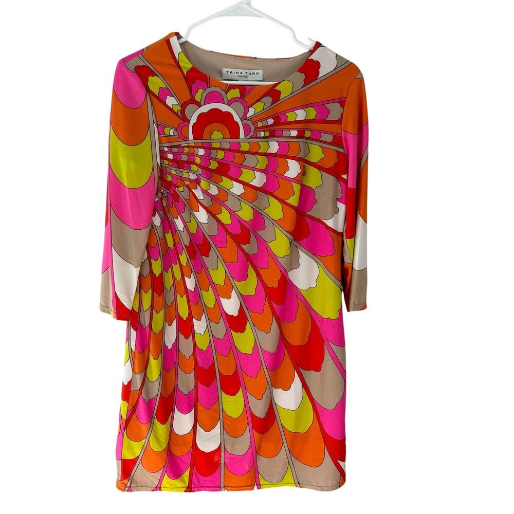 New Trina Turk Rhyan Print Sheath Dress 3/4 Sleeves Retro Size 6 - Picture 2 of 10
